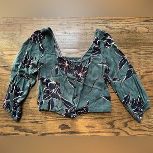 O’Neill Green Floral Smocked Peasant Blouse Long Sleeve Size M